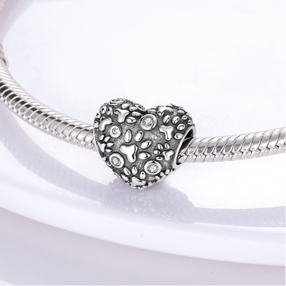 Silver Paw Print Heart Charm