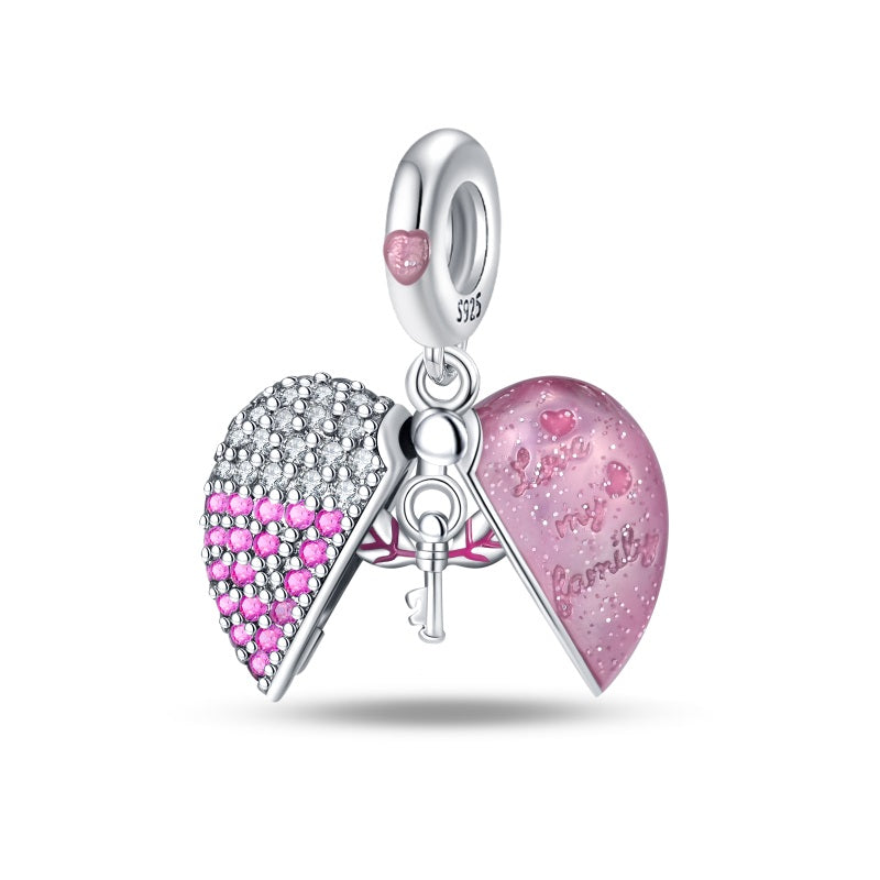 Pink Heart & Flying Key Charm