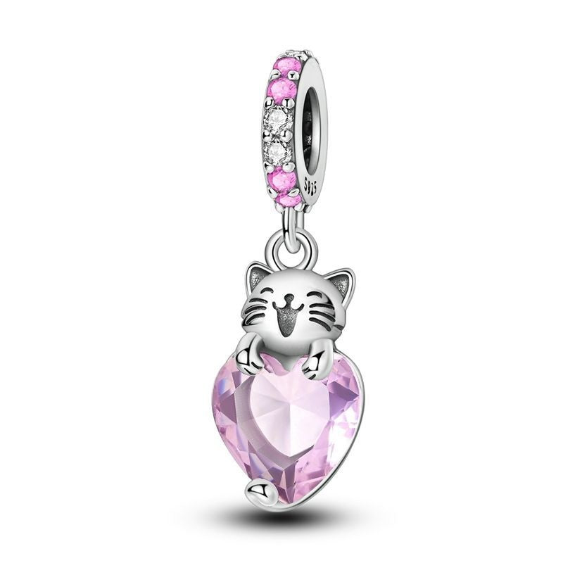 Cat and Pink Heart Charm