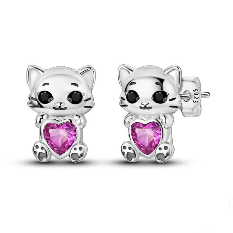 Kitten and Pink Heart Earrings