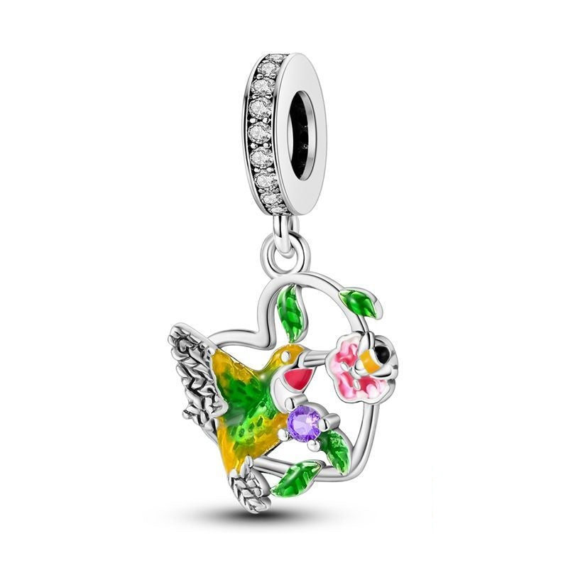 Yellow Hummingbird and Flowers Charm