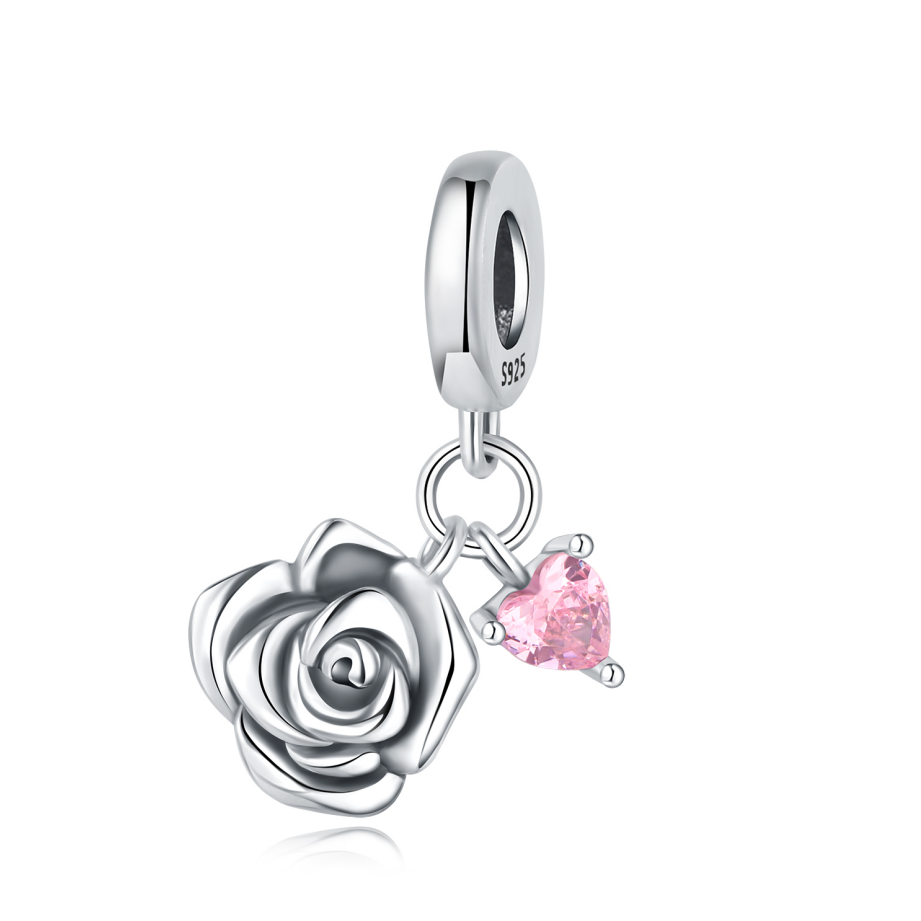 Pink Rose and Heart Charm