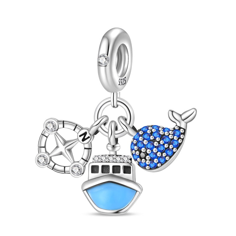 Compass, Ship, and Blue Whale Charm