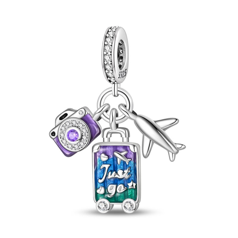 Camera, Suitcase, and Airplane "Just Go" Charm