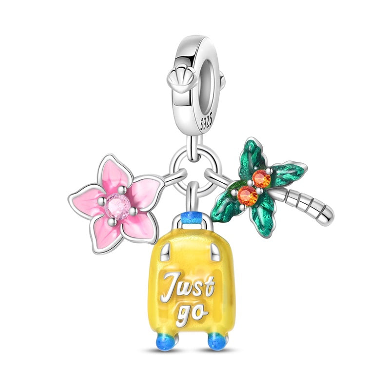 Pink Flower, Suitcase, and Palm Tree "Just Go" Charm