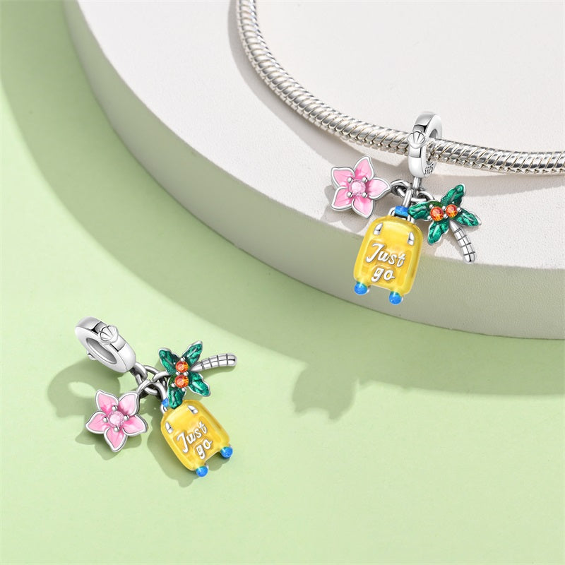 Pink Flower, Suitcase, and Palm Tree "Just Go" Charm