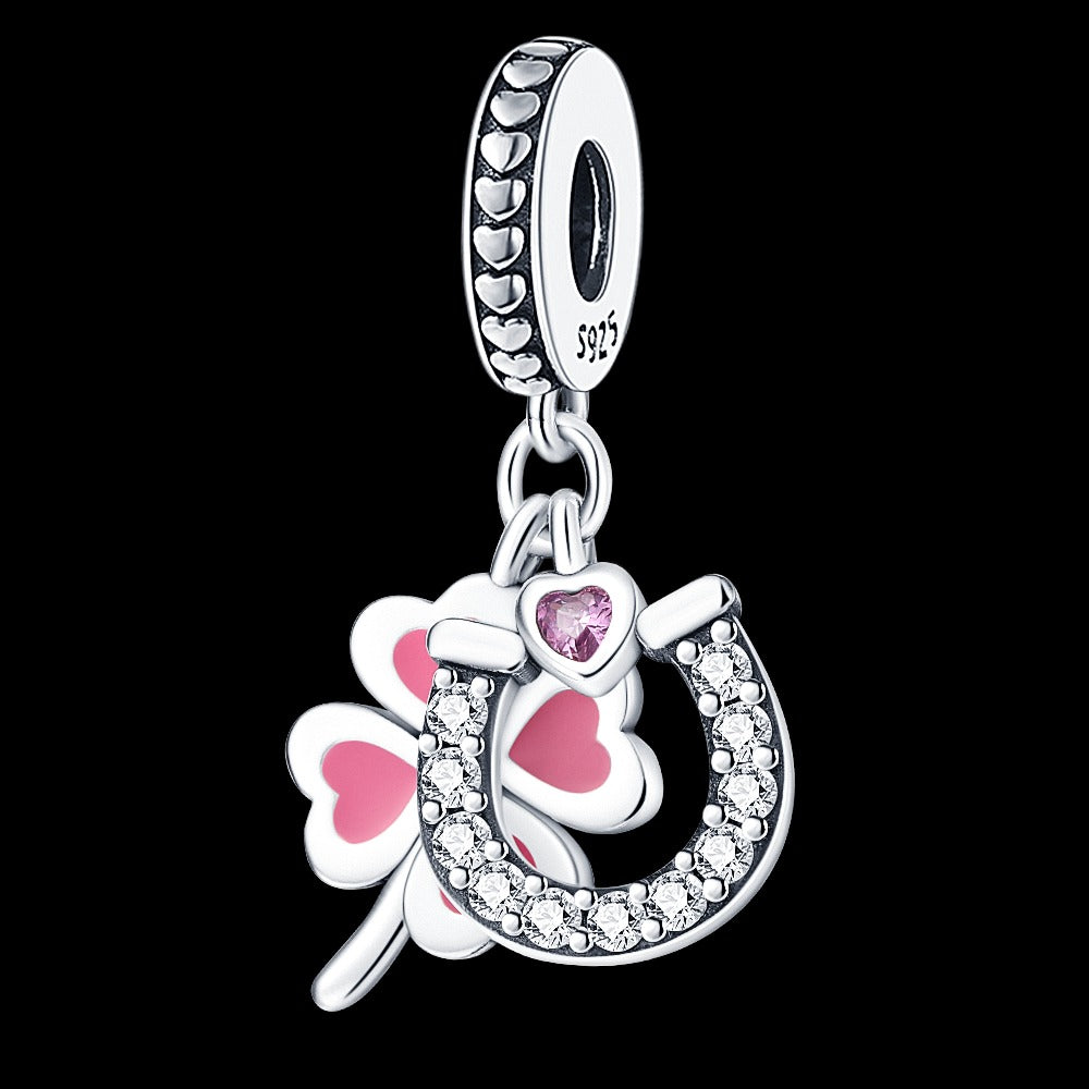 Pink Clover and Horseshoe Charm