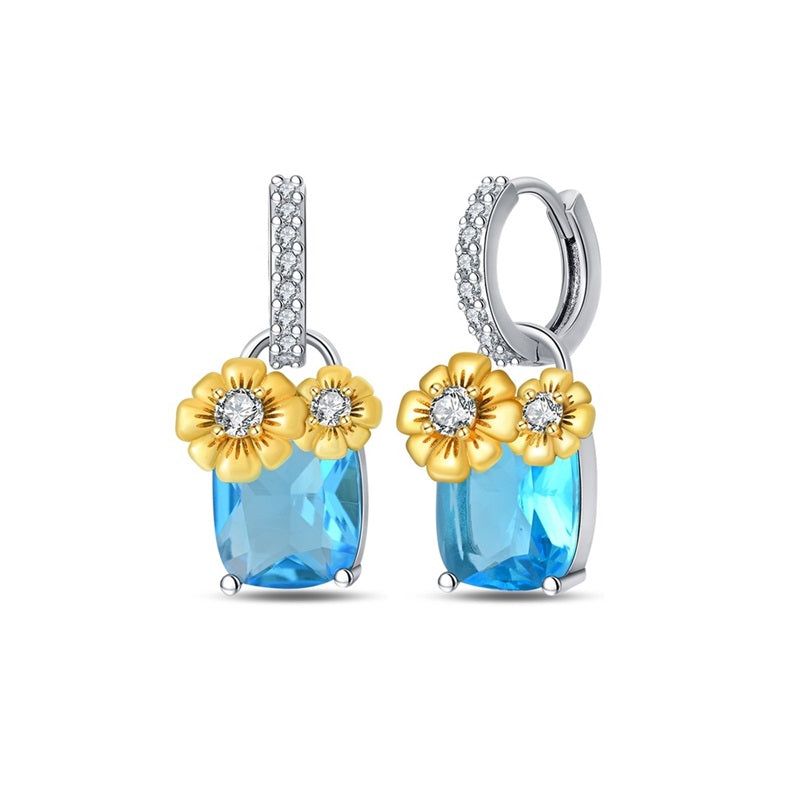 Blue Square and Yellow Flower Earrings