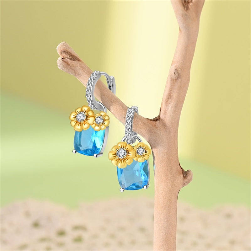 Blue Square and Yellow Flower Earrings