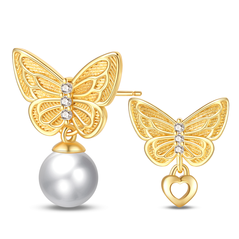 Butterfly, Heart, and Pearl Earrings