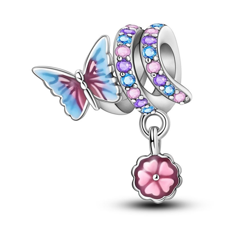 Spiral Butterfly and Pink Clover Charm