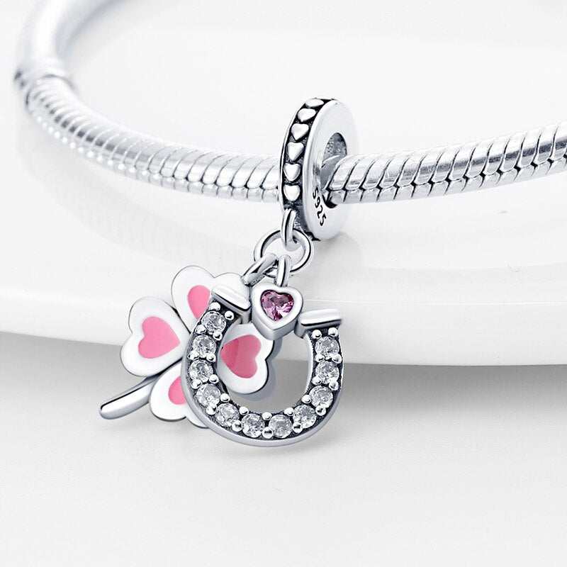 Pink Clover and Horseshoe Charm