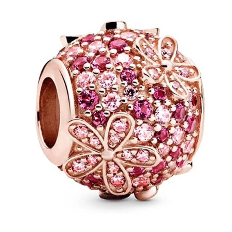 Golden Rose Pink Flower Sphere Charm