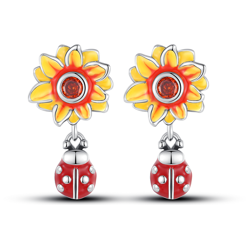 Spring Sunflower and Ladybug Earrings