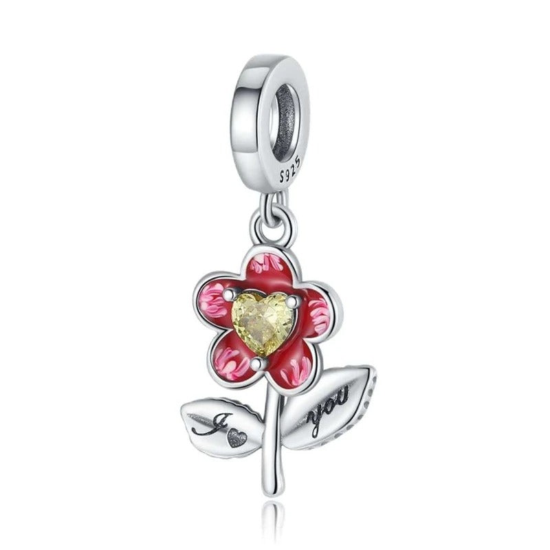 "I Love You" Heart Flower Charm