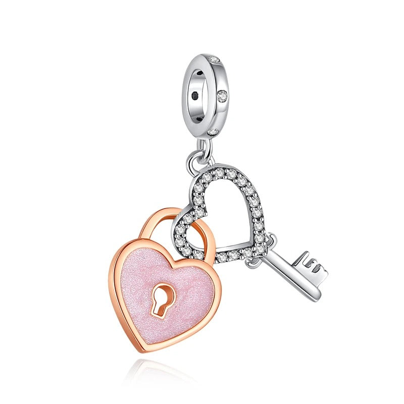 Pink Heart and Heart Key Charm