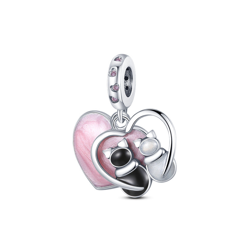 Pink Heart Charm with Black Kitten & White Kitte