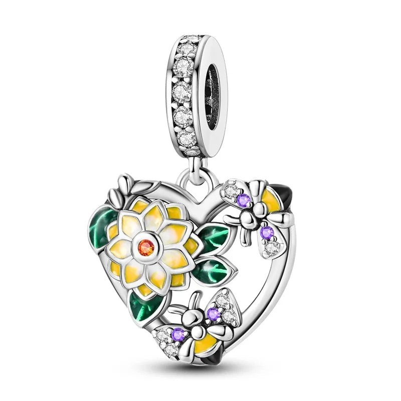 Yellow Flower Heart and Bees Charm