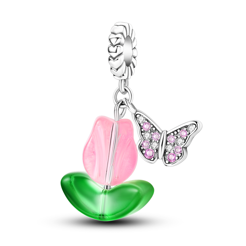 Pink Tulip and Butterfly Charm