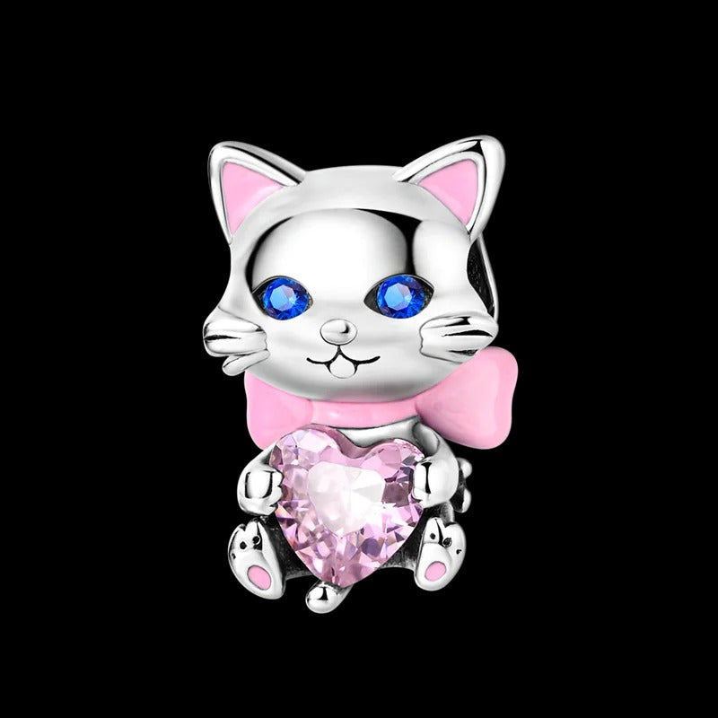 Kitten and Pink Heart Charm