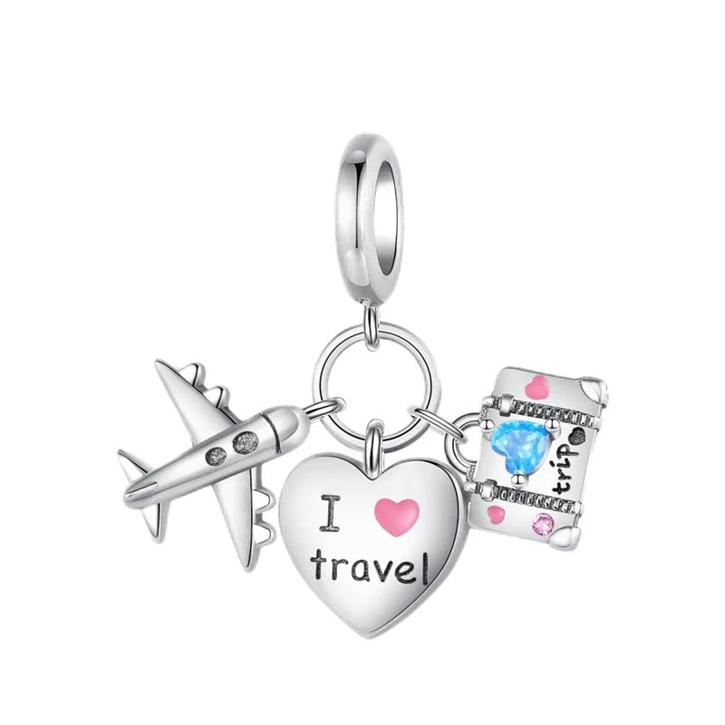 Airplane, Heart "I Love Travel," and Suitcase Charm