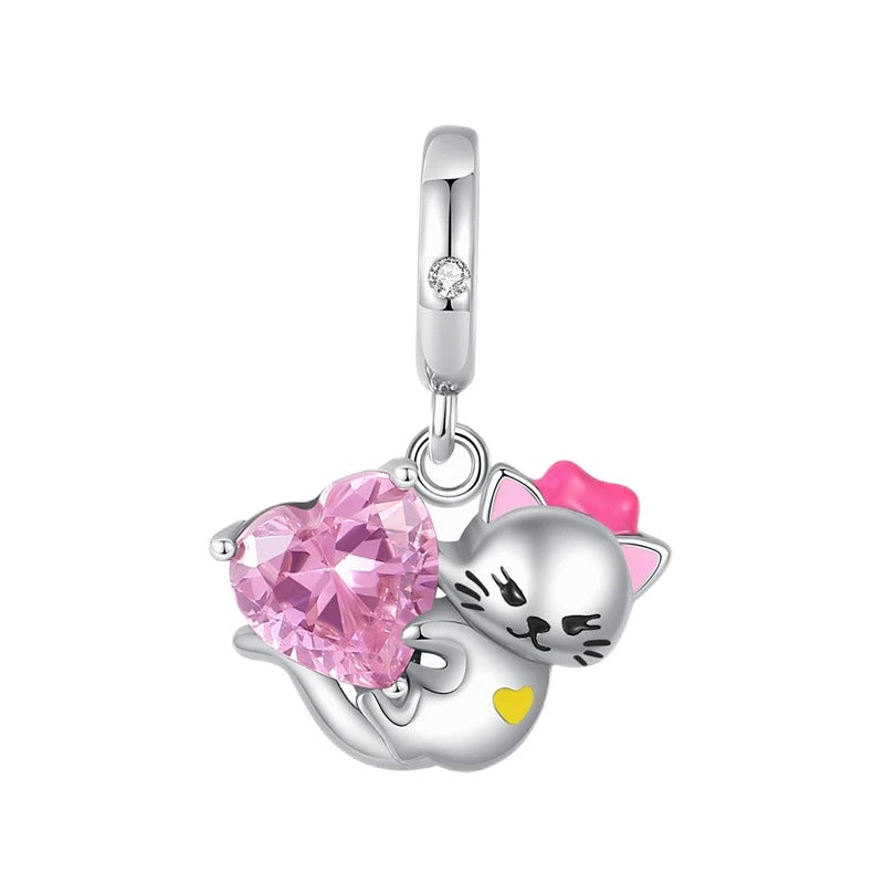 Kitten and Pink Heart Charm