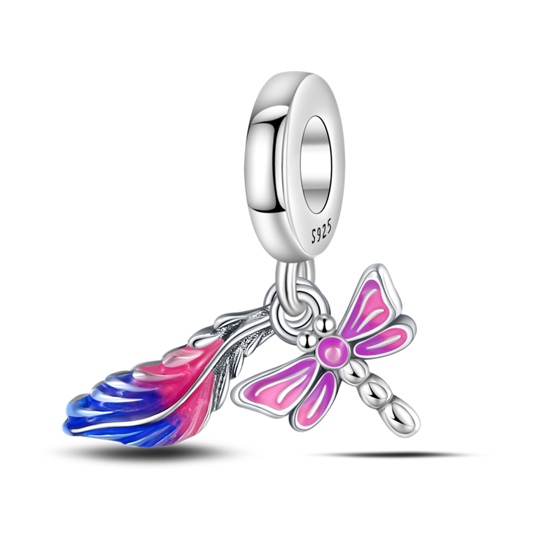 Pink Dragonfly and Blue Feather Charm