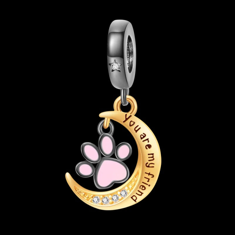 Feline Paw Print and Moon "You Are My Friend" Charm