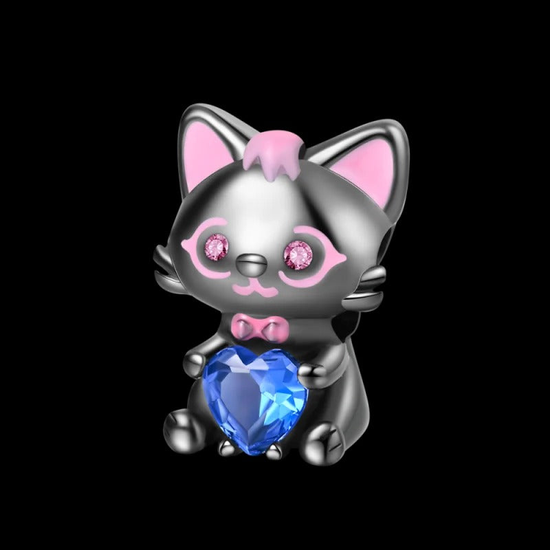 Black Kitten and Blue Heart Charm