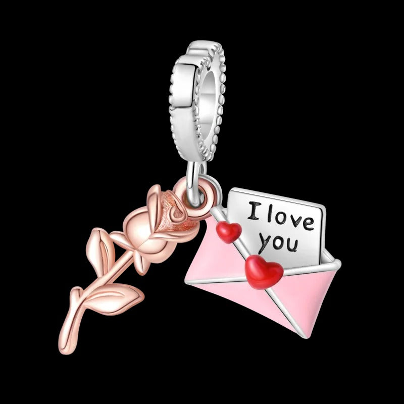 "Pink Rose & Letter 'I Love U'" Charm